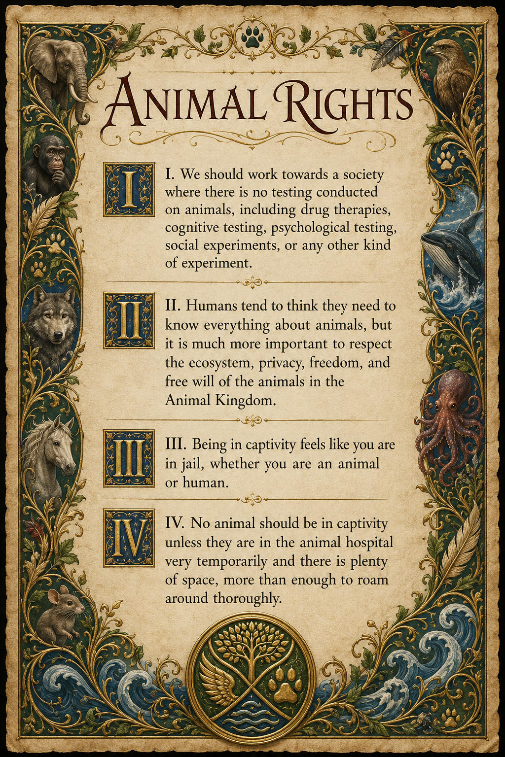 Decorative Animal Rights page with animal illustrations and core principles