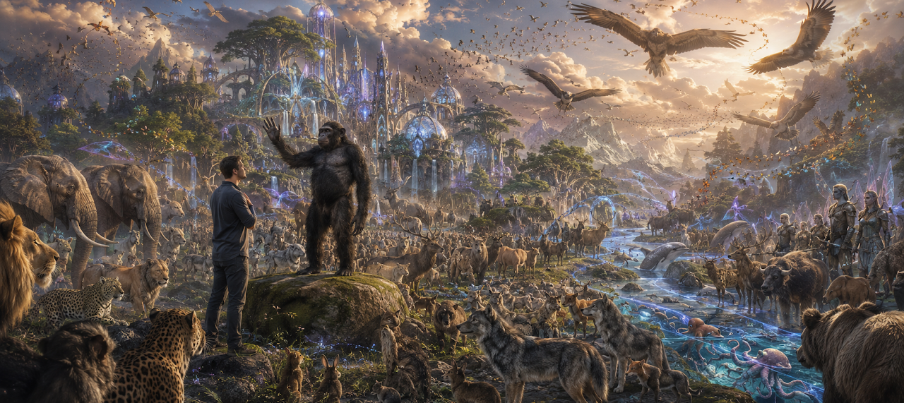 Kanzi and Nick standing together among animals in a vast shared world